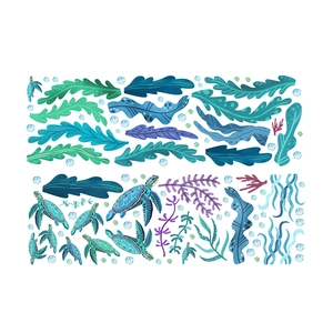 Sea turtle and coral ocean world wall decals with watercolor bubbles for kids room decor