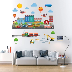 Cartoon city skyline wall decal with buildings, vehicles and clouds in children bedroom