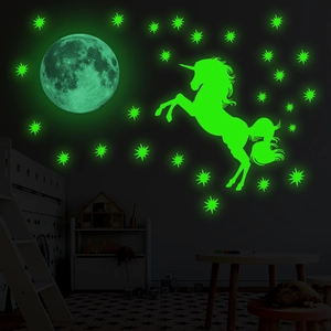 Glow in the dark wall stickers set with cartoon unicorn moon and stars for kids room