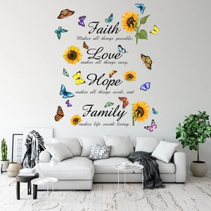 Detail von Sonnenblumen und Schmetterling Wandaufklebern mit Faith Love Hope Family Zitaten