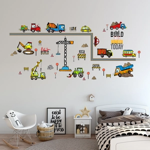 Detailed view of construction truck wall decals with excavator and crane for kids room