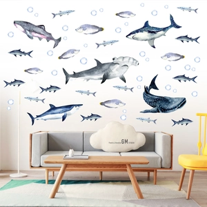 Stickers muraux monde marin aquarelle avec requins et poissons pour chambre d'enfant