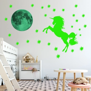 Luminous unicorn and moon wall decals glowing in dark for kids bedroom decoration
