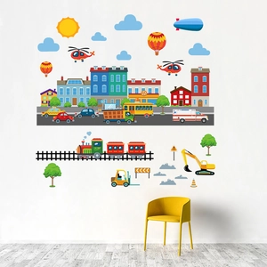 Detailed view of cartoon city and transport wall stickers on a clean white wall