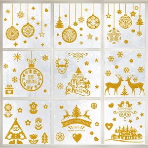 Sparkling gold glitter Christmas window decals with Santa, reindeer and snowflakes