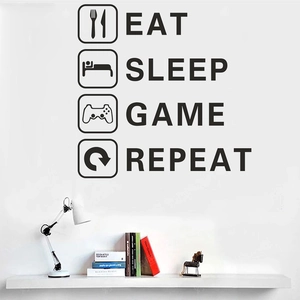Sticker Mural Eat Sleep Game Repeat pour Salle de Jeux PVC Imperméable Amovible pour Chambre de Garçon Salon Décoration Maison