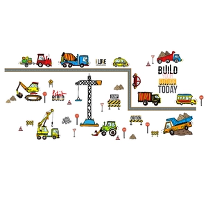 Construction site wall decals with excavators and cranes for children's bedroom decor