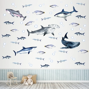 Détail des stickers muraux requins du monde sous-marin avec bulles pour chambre d'enfant