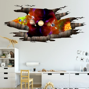 3D solar system wall decal with planets and broken wall effect for kids bedroom decor