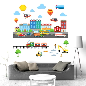 Detailed wall sticker set featuring a cartoon city, vehicles, and buildings in a modern room