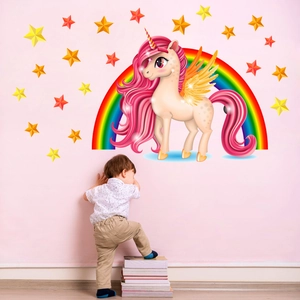 Adesivi murali unicorno arcobaleno con stelle per cameretta bimbi e decorazioni