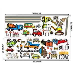 Detailed view of two 30x90cm cartoon construction vehicle wall decals with road signs