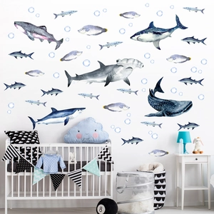 Stickers muraux pour chambre d'enfant avec requins et poissons style aquarelle