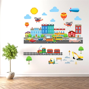 Cartoon city traffic wall decals with buildings and vehicles for kids room decor