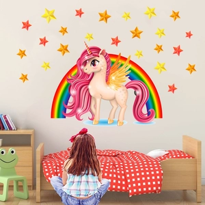 Adesivi murali unicorno arcobaleno con stelle per decorazione cameretta bimbi a colori