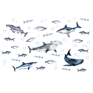 Stickers muraux monde marin aquarelle avec requins et poissons pour chambre enfant