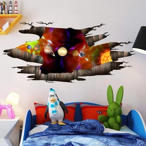3D Solar System Wall Decal featuring planets and stars through a cracked wall effect