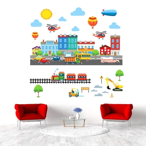 Cartoon city landscape wall sticker with colorful buildings and vehicles for kids room