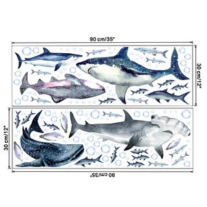 Détail de deux planches de stickers muraux requins aquarelle avec dimensions 90x30cm