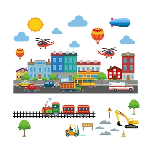 Colorful cartoon city wall decals featuring buildings, vehicles and railway for nursery
