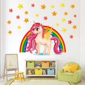 Adesivo da Parete Cartone Animato Unicorno Arcobaleno Stelle PVC Impermeabile DIY per Camera Bambini Soggiorno Decorazione Casa