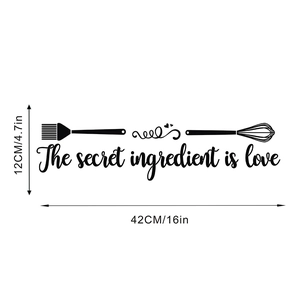 Detail view of kitchen wall sticker with whisk, brush and 'Love' quote, 42x12cm size