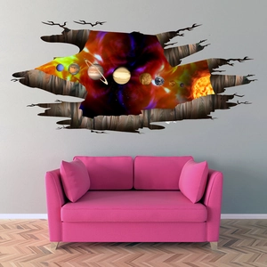 Detail of 3D solar system wall decal showing planets through a cracked wall effect