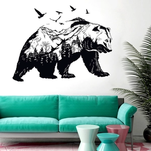Black bear wall decal silhouette featuring realistic mountain and forest landscape detail