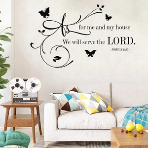 Détail du sticker mural verset biblique Josué 24:15 avec motifs papillons et vignes