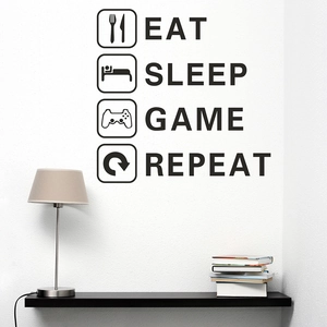 Sticker mural Eat Sleep Game Repeat avec icônes de jeu pour chambre de garçon et de gamer