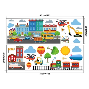 Detailed 30x90cm layout of cartoon city buildings and transport wall stickers