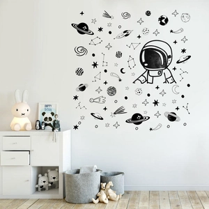 Astronaut and space theme vinyl wall stickers for kids bedroom with rockets and planets