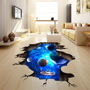 3D outer space wall sticker showing cracked ground with cosmic galaxy planets