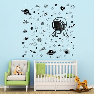 Space theme wall stickers set with astronaut, rocket and planets for nursery decoration