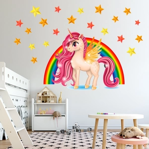 Adesivi murali unicorno arcobaleno con stelle per decorazione cameretta bambini