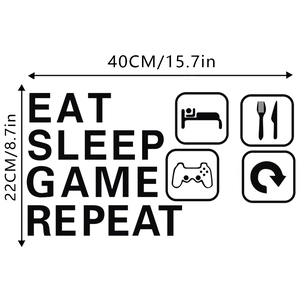 Dimensions détaillées du sticker mural Eat Sleep Game Repeat mesurant 40cm x 22cm