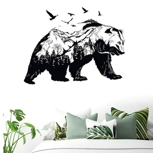 Detail of walking bear wall decal with double exposure forest and snowy mountain landscape