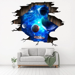 3D space wall sticker with galaxy and spaceship in broken wall effect for living room decoration