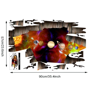 Detail showing 3D space wall sticker design with solar system planets and cracked hole effect