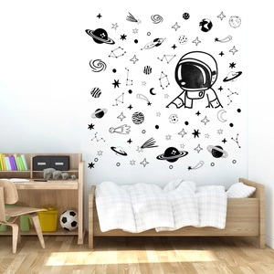 Black vinyl astronaut and planet wall stickers for kids' bedroom and living room decor