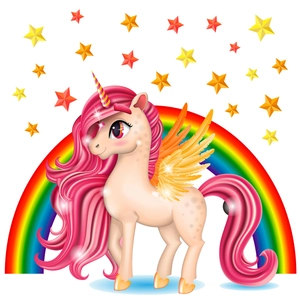 Adesivo murale unicorno arcobaleno con criniera rosa e stelle per camera dei bambini