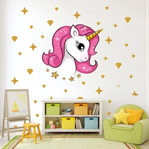 Unicorn wall stickers with gold stars and diamond decals for kids bedroom decoration