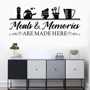 Kitchen wall decal featuring 'Meals & Memories ARE MADE HERE' with utensil silhouettes