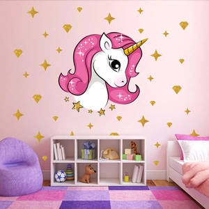 Cartoon Unicorn Wall Sticker Gold Glitter Stars Hearts Diamonds For Kids Room Nursery Bedroom PVC Decorative Mural Decal