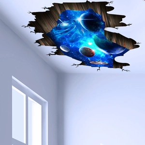 3D outer space galaxy wall sticker with planet and spaceship through broken wall effect