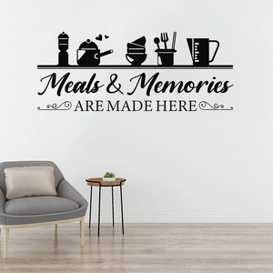 Detail of creative kitchen wall decal with cutlery icons and meals and memories quote