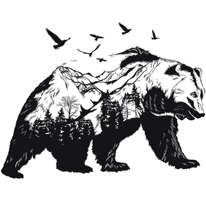 Artistic bear silhouette wall sticker with double exposure forest and mountain landscape