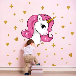 Unicorn wall decal with golden stars and hearts for children room decor and nursery wall