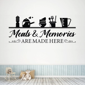 Close-up of kitchen wall sticker with Meals and Memories text and utensil icons