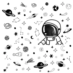Space themed wall stickers with astronaut rockets and planets for kids room decor